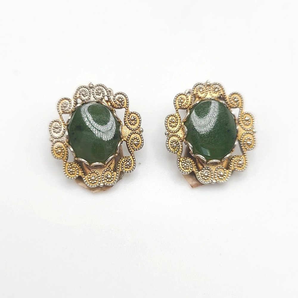 Vintage Clip On Earrings Green Stone